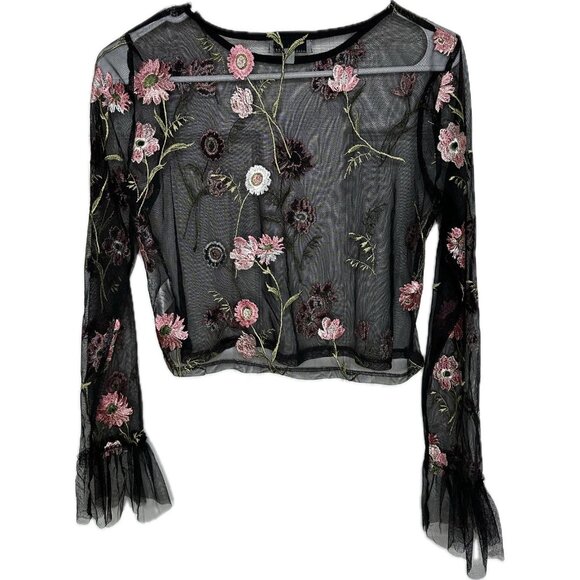 Ten Sixty Black Floral Mesh Top Sheer Blouse XS - Picture 2 of 10